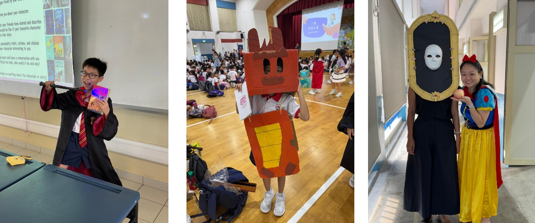 1st image: Student dressed as a favourite book character presenting a book during the RSS Reads! Book Character Sharing activity, promoting reading for enjoyment and confident public speaking. 2nd and 3rd images: Students and teachers dressed as book characters during the RSS Reads! Book Character Dress Up activity, promoting reading for enjoyment by bringing favourite storybook characters to life through creative costumes.