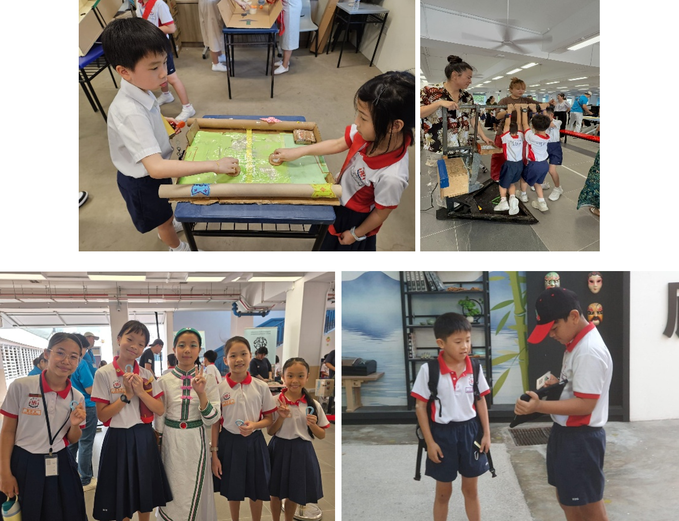 1st image: Students playing a game during Earth Day activities. 2nd image: Students working together and hanging on a lever. 3rd image: Students displaying the carabiner they made from bottle caps. 4th image: 2 students answering a survey using iPads.