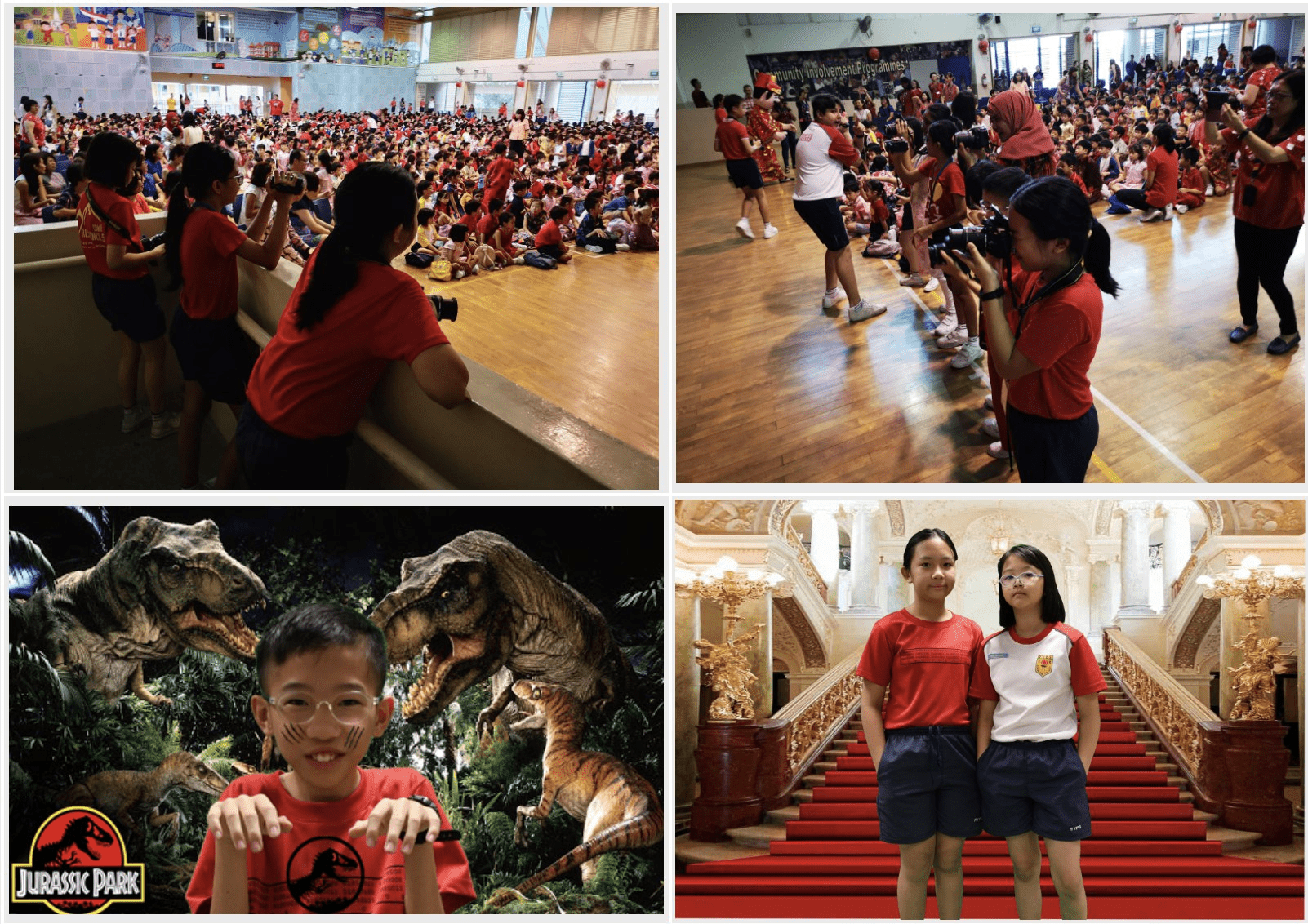 Four photos of children in red shirts at a school event, a Jurassic Park exhibit, and an ornate building staircase.