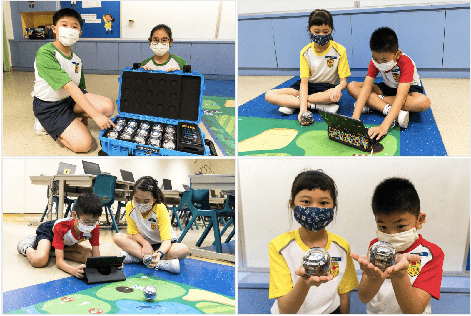 Four photos of masked children using Sphero robotic balls in a classroom, with a storage case, tablets, and laptops.