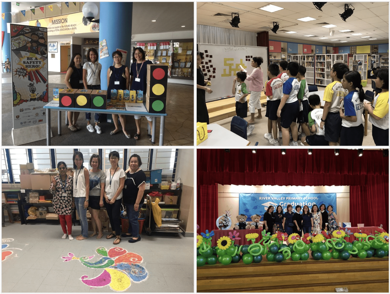 Four school event scenes showing staff and students at safety, library, cultural, and graduation activities.
