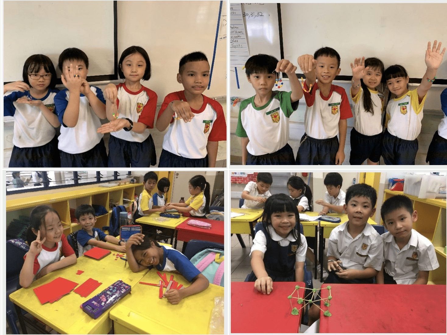Four photos of young students in school uniforms doing hands-on classroom activities with craft materials and small structures.