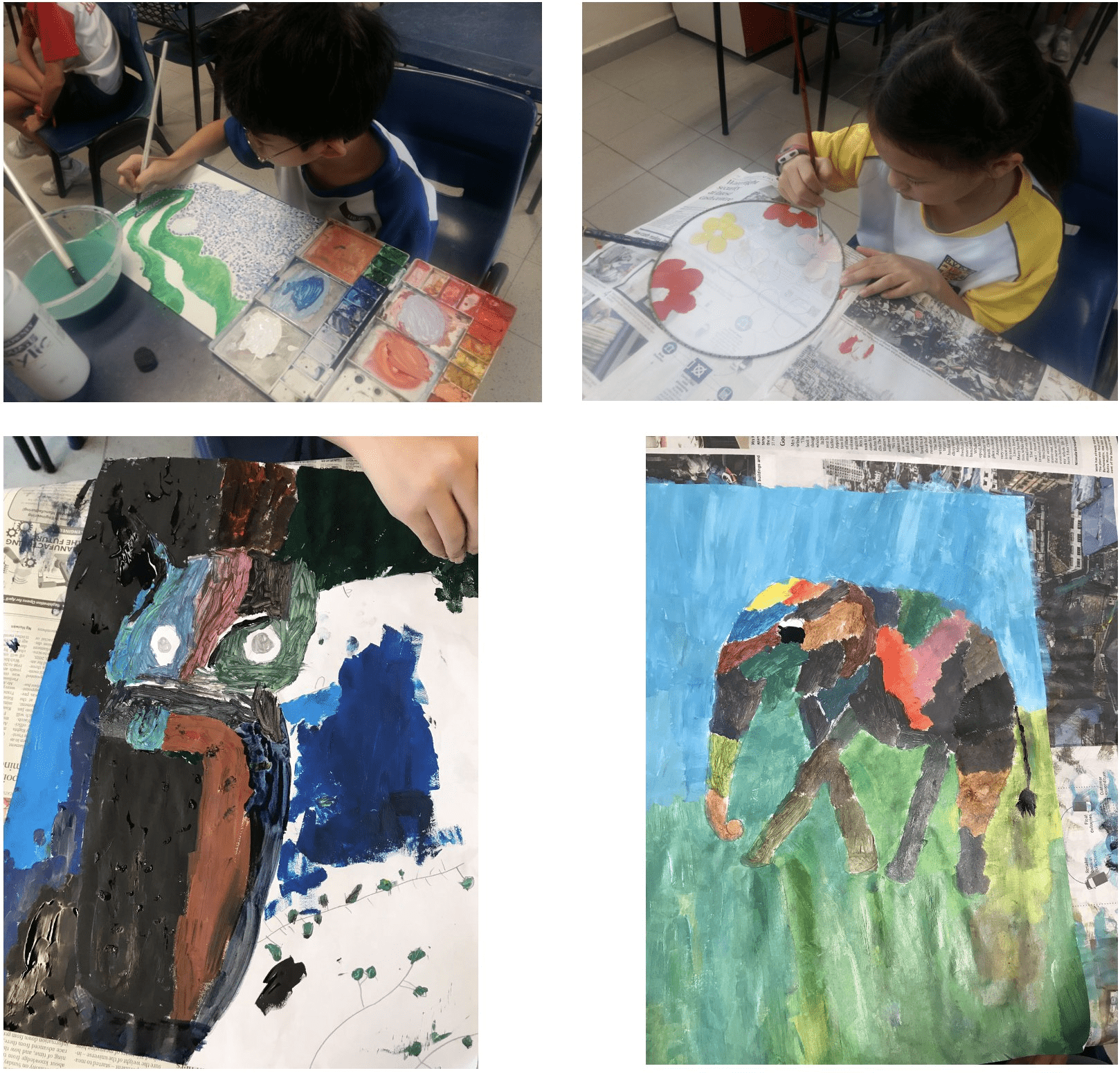 Two children painting at desks, with finished artworks showing a colorful face and a multicolored elephant on green and blue background.