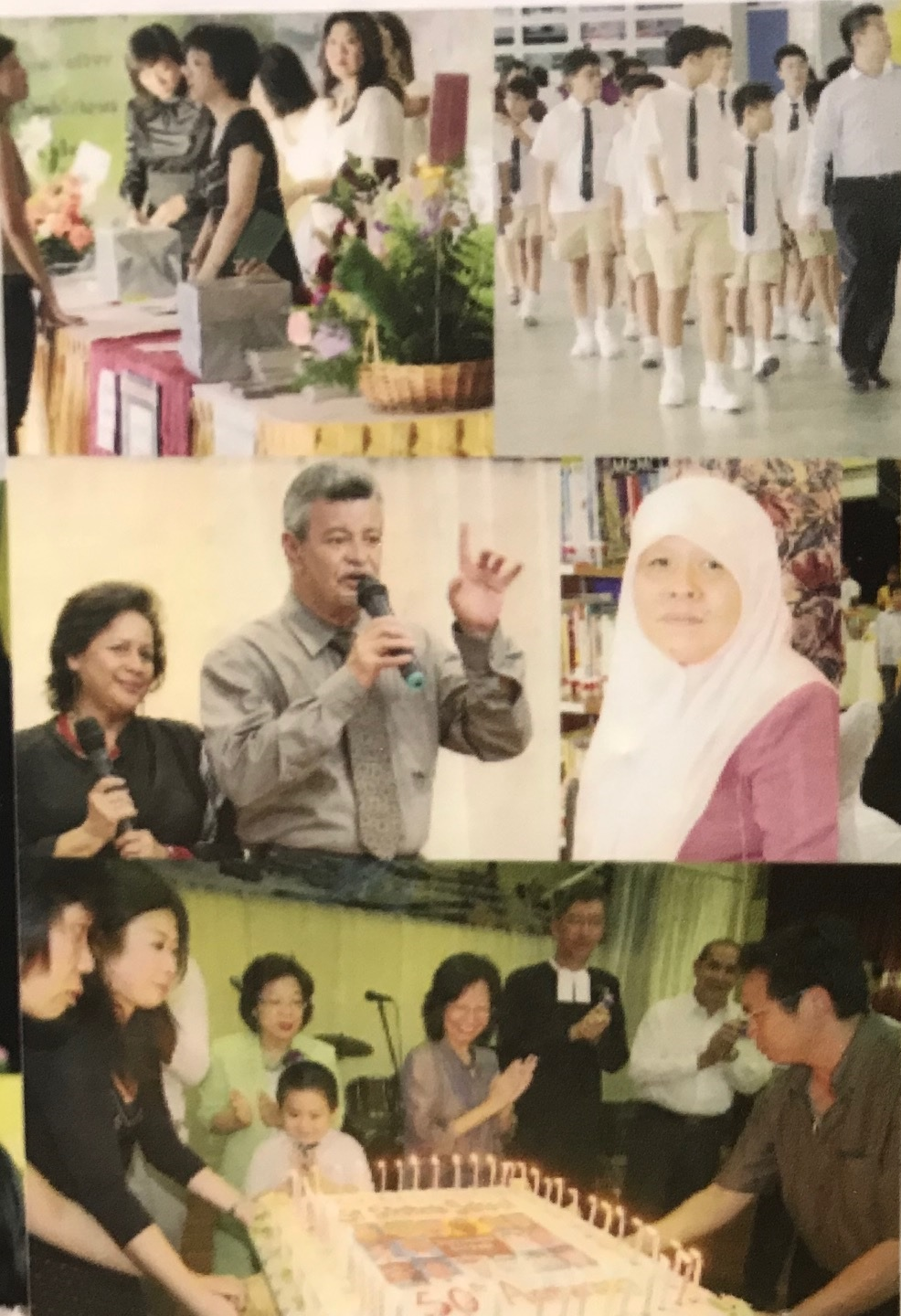 Collage of four photos showing a school event, students marching, a man speaking, and a birthday cake celebration.