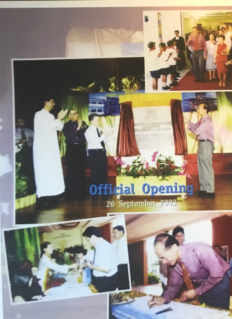 Collage of photos from an Official Opening ceremony on 26 September 2003 showing people on stage and signing documents.