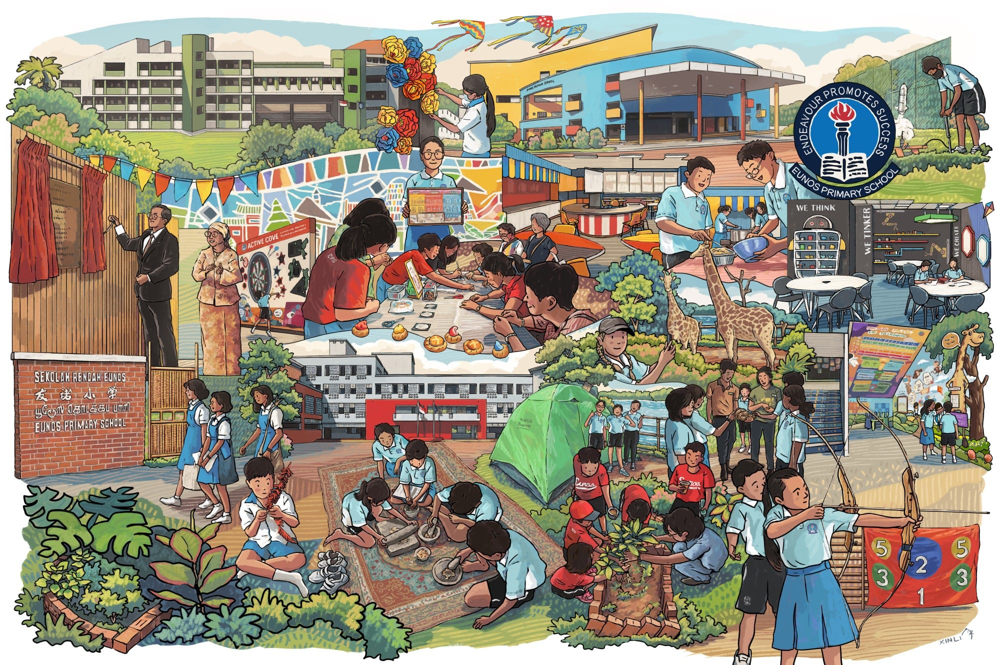 Colorful illustrated scene of Eunos Primary School students doing activities like archery, crafts, camping, and learning outdoors.