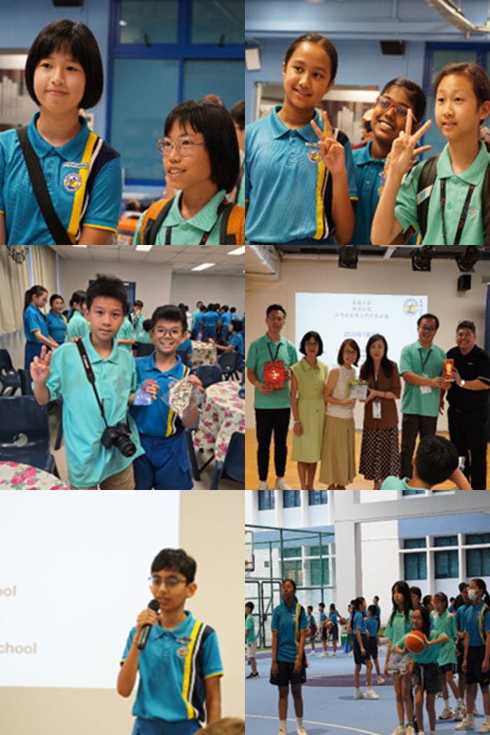 A collage of school students in teal uniforms posing, speaking at a mic, receiving gifts, and playing basketball indoors.