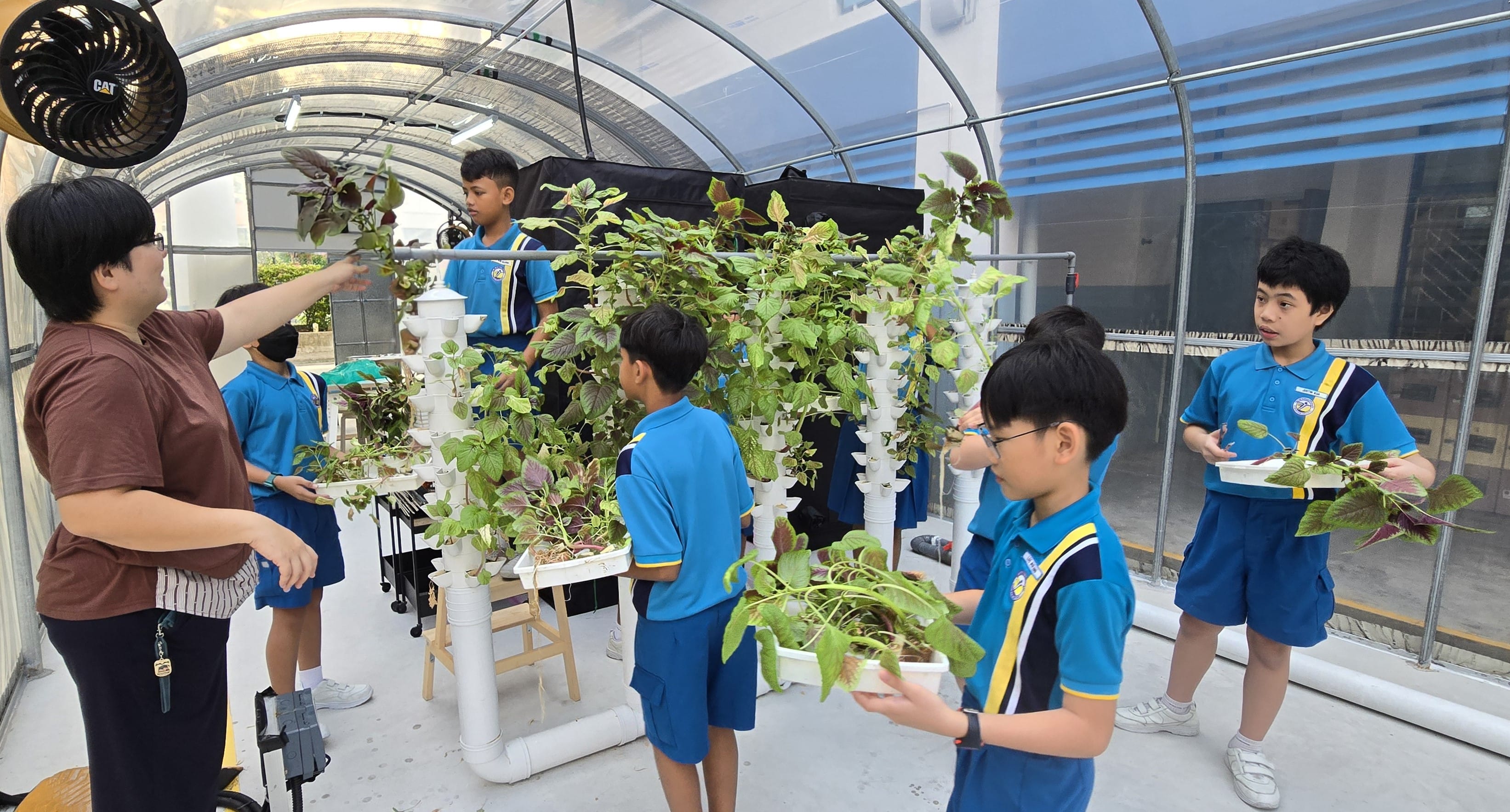 Students in blue uniforms hold potted plants inside a school greenhouse with vertical hydroponic towers.