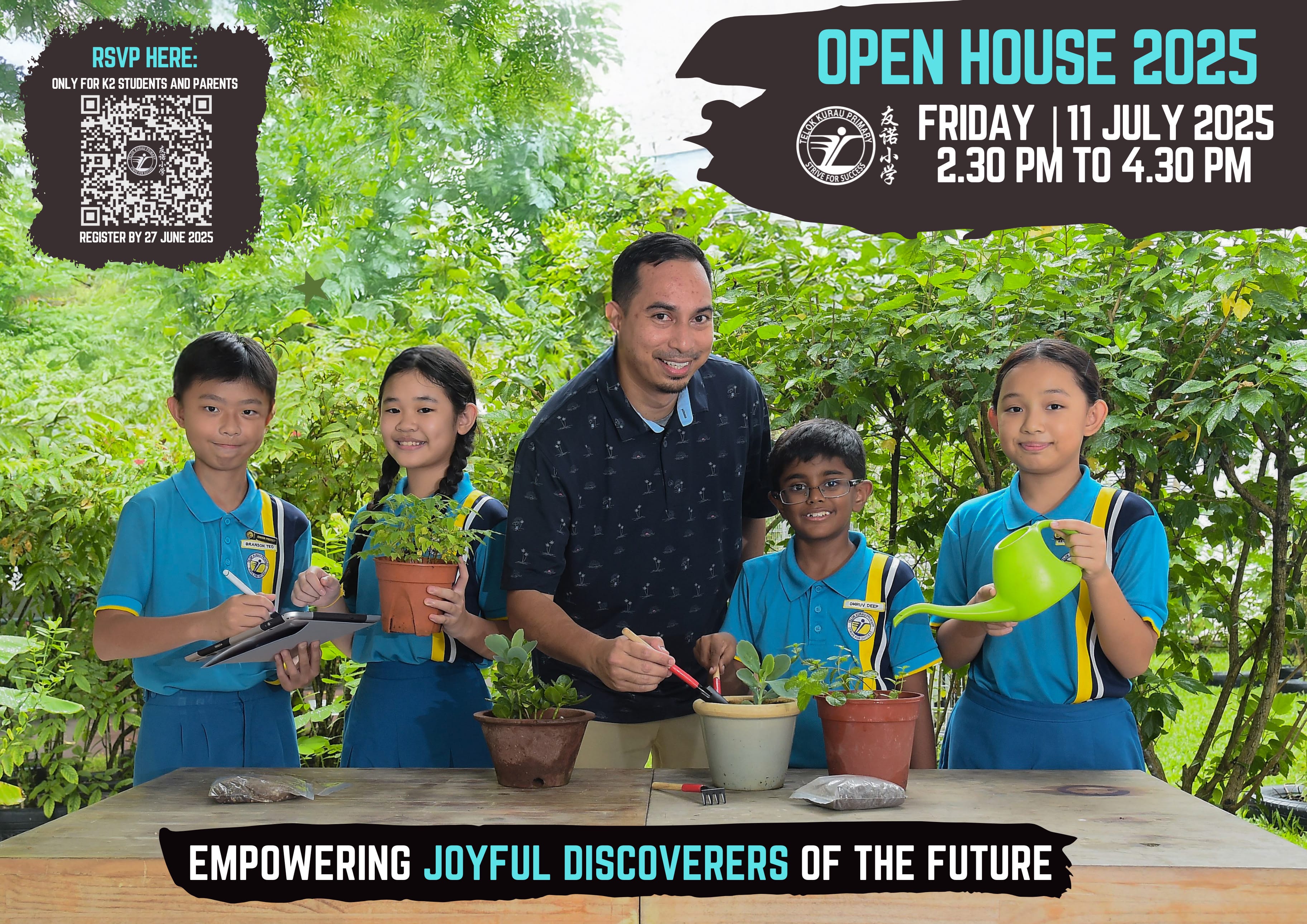 A teacher and four students in blue uniforms tend to potted plants outdoors in a school Open House 2025 flyer.