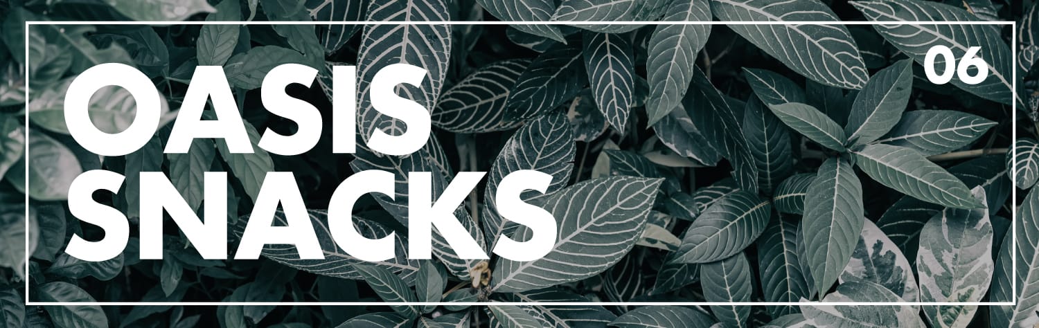 Banner reading "OASIS SNACKS" and "06" in white bold text over a dark green leafy plant background.