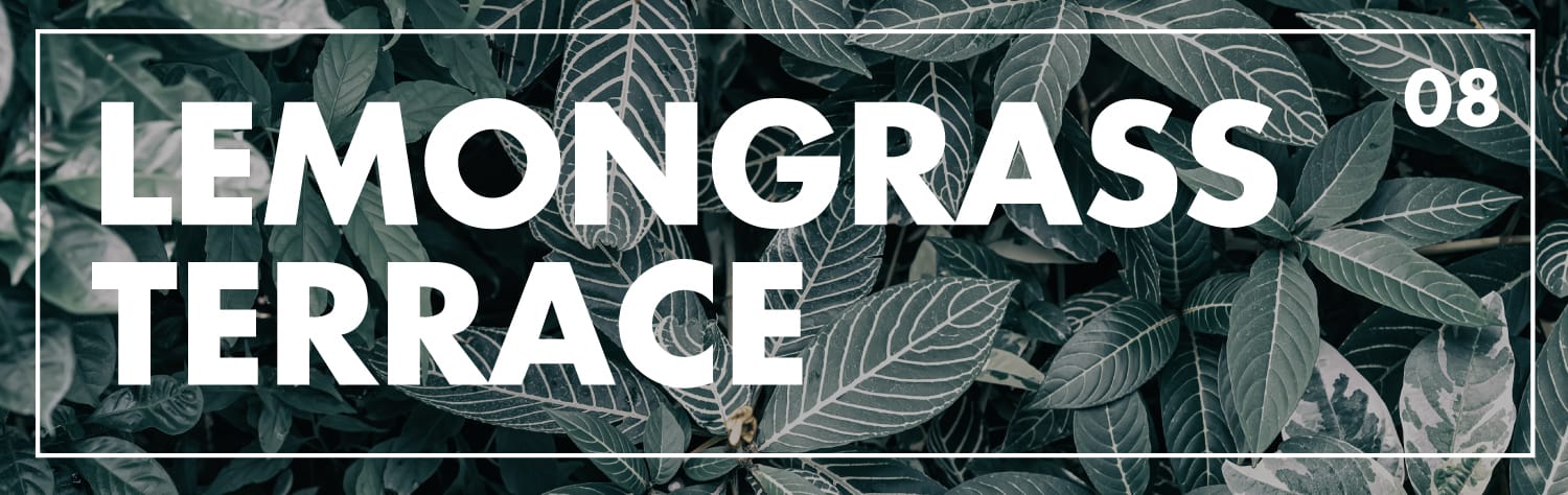 Bold white text reading Lemongrass Terrace 08 over a dark green leafy plant background.