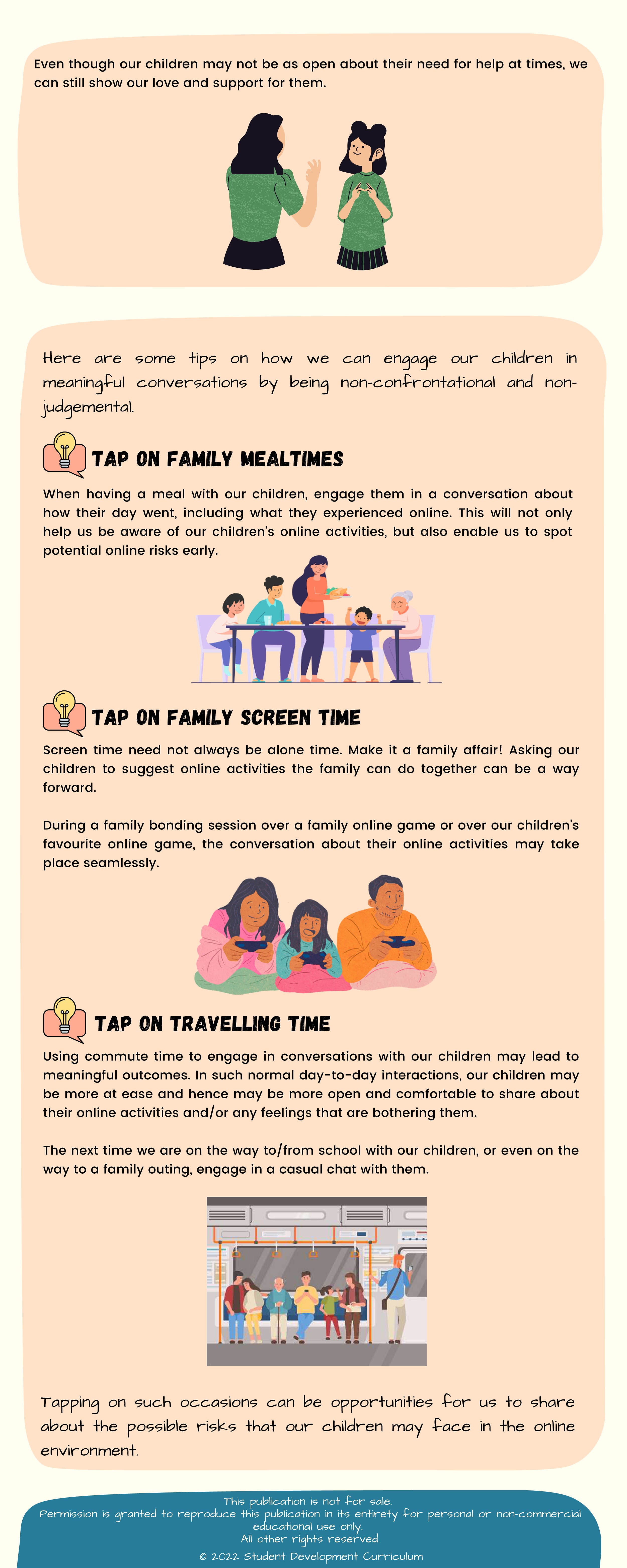 Infographic with tips for parents on engaging children in conversations using mealtimes, screen time, and travel.