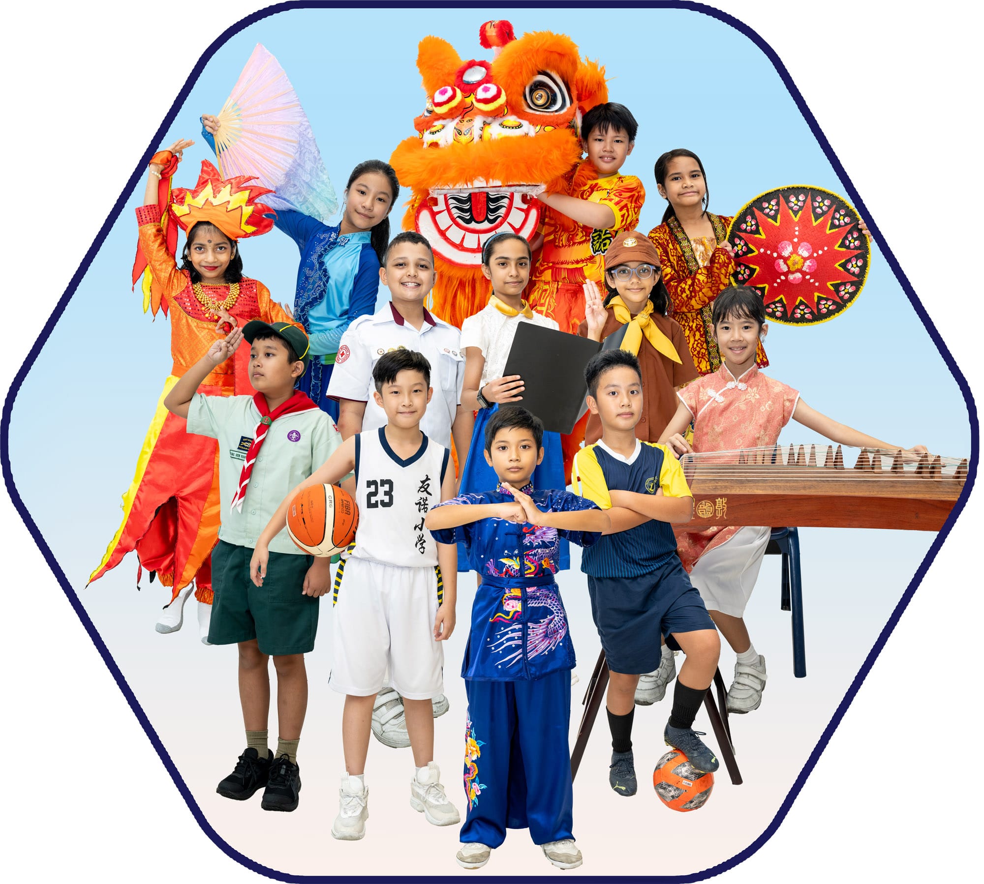 A diverse group of children in cultural costumes, sports uniforms, and holding instruments and a lion dance prop.