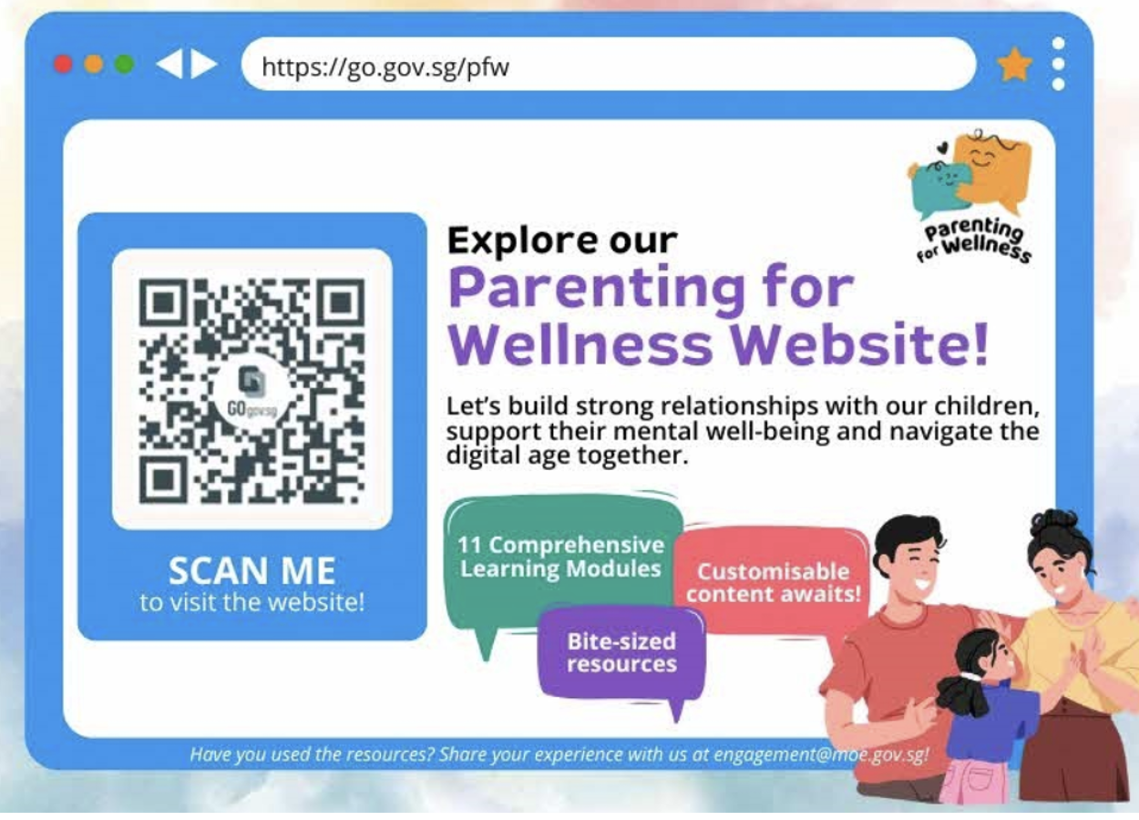 Promotional banner for Singapore's Parenting for Wellness website with a QR code and illustrated family.