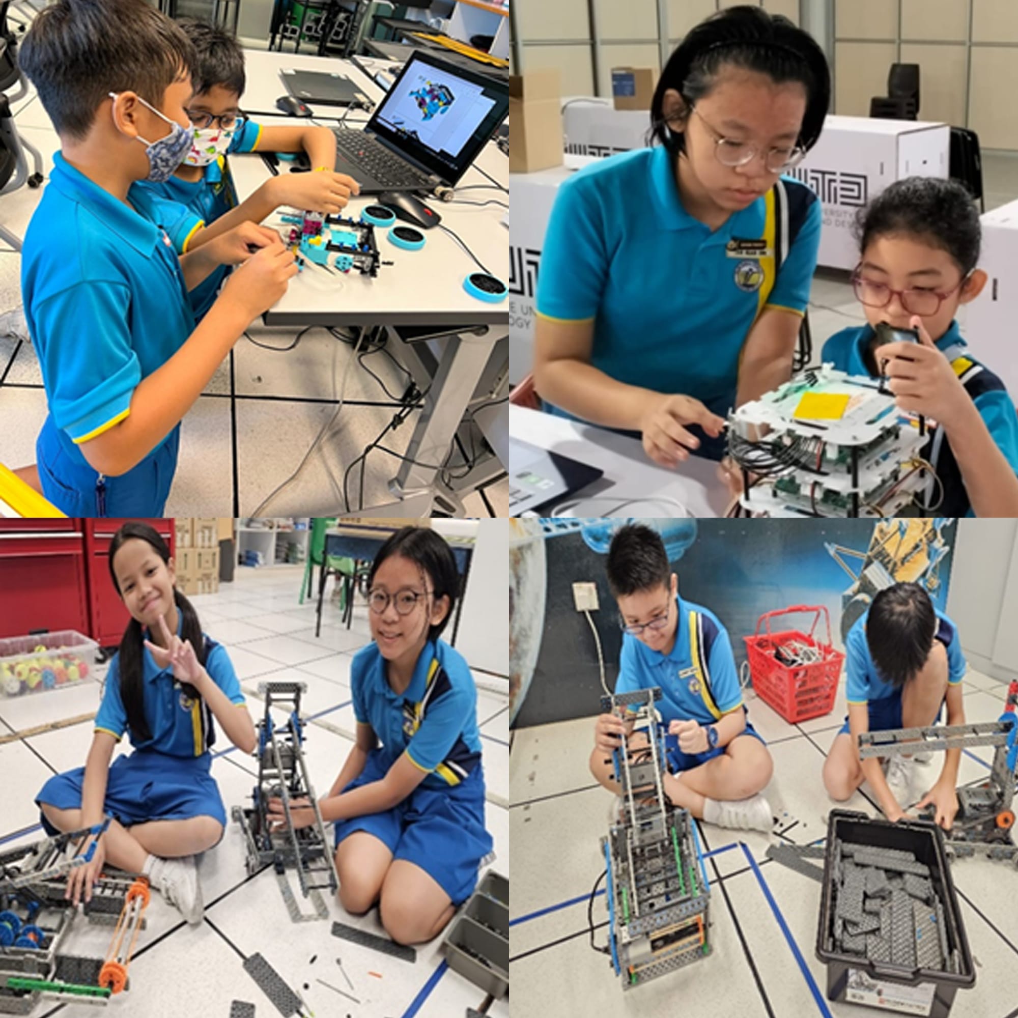 Four children in blue uniforms building and assembling robots in a classroom setting.