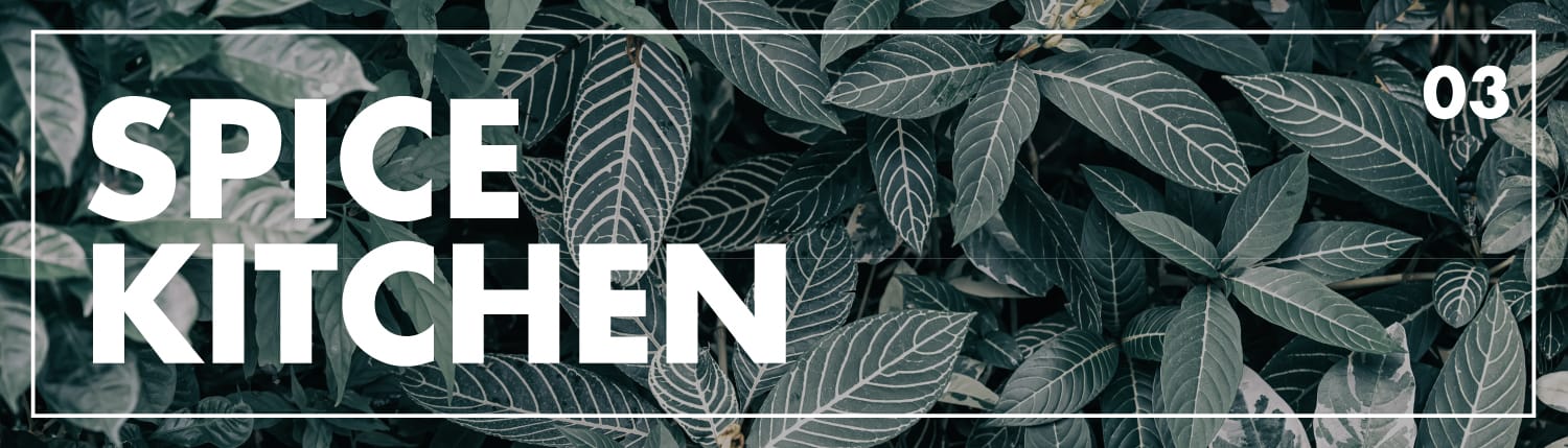 Bold white text reading Spice Kitchen with number 03 overlaid on dark green leaves with white veins.