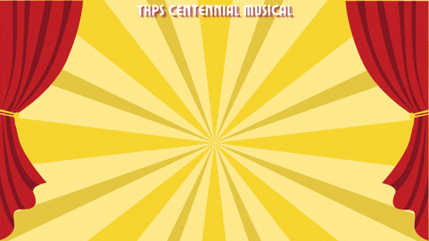 Red stage curtains frame a yellow sunburst background with text TRPS Centennial Musical at top