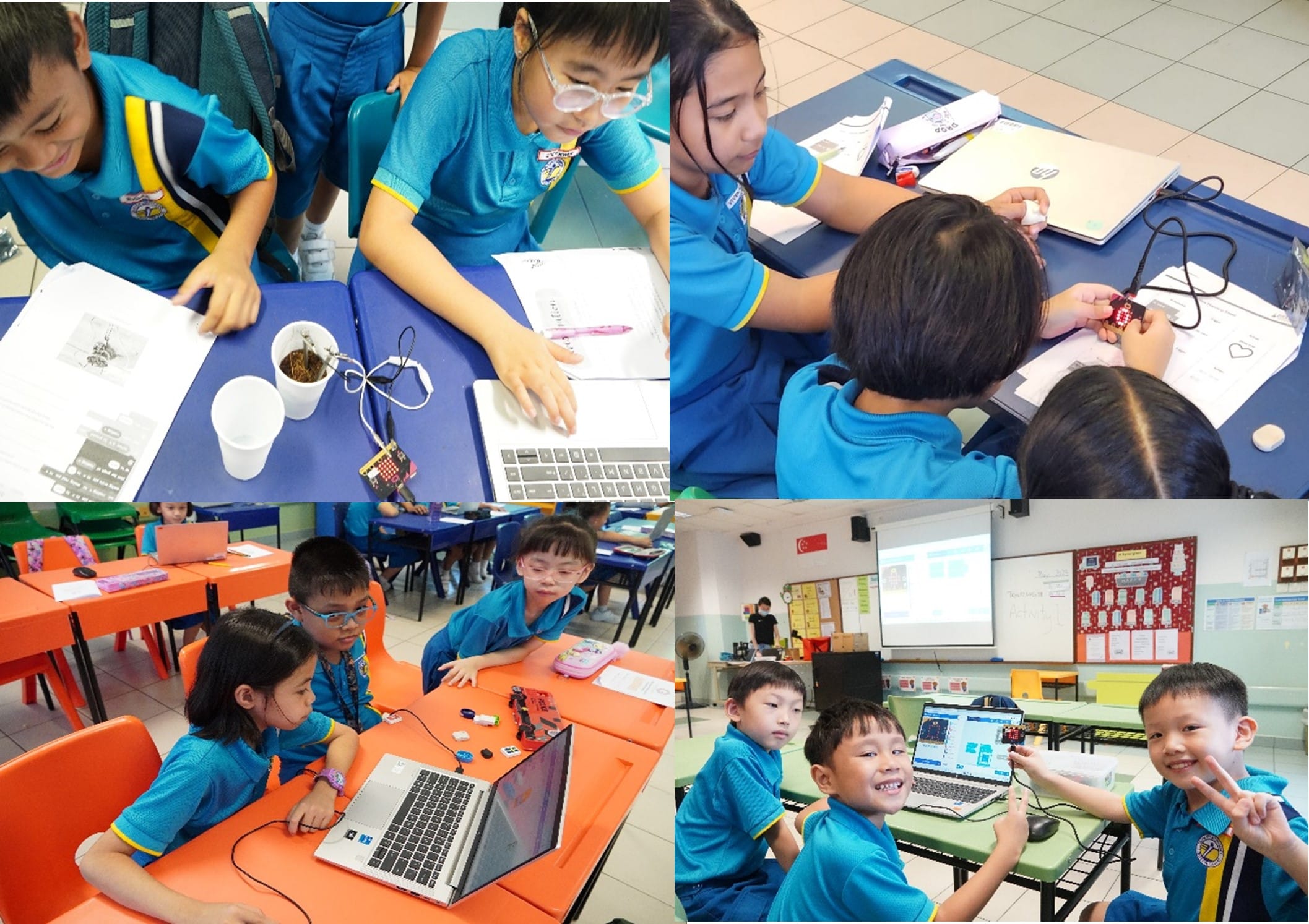 Four photos of young students in blue uniforms working on laptops and small electronic devices in a classroom setting.