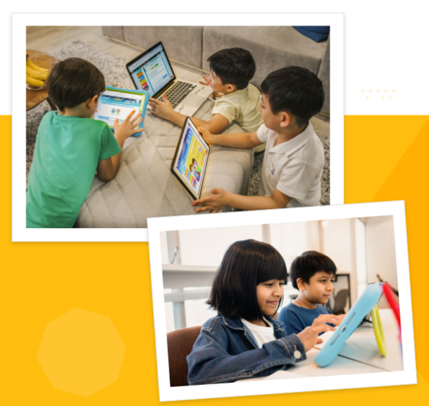 Two photos of young children using tablets and laptops together, sitting on floors and at a desk.