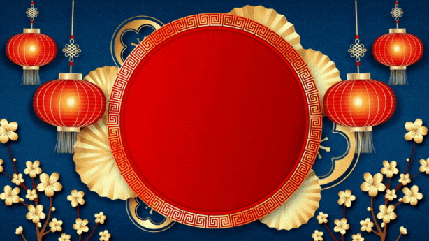 Red circular frame on blue background with hanging red lanterns and gold plum blossoms around it.