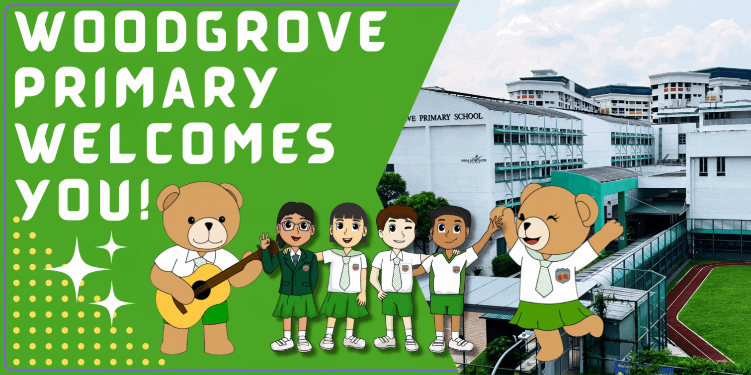 Green banner says Woodgrove Primary welcomes you, with cartoon bear and students over a school building photo
