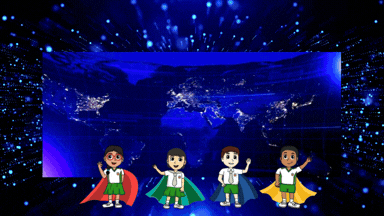 Four cartoon children holding hands in front of a glowing world map with bright blue lights