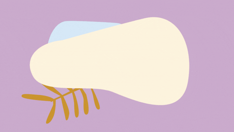 Large cream rounded blob over a blue shape on a purple gradient background, with yellow curved lines beneath