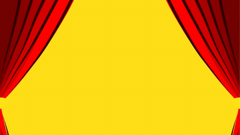 Red stage curtains pulled open on both sides, framing a bright yellow center background.