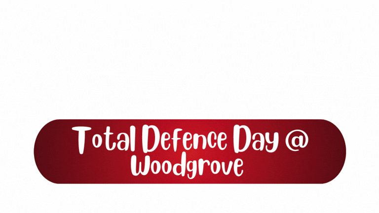 Maroon rounded rectangle banner with white text reading Total Defence Day @ Woodgrove