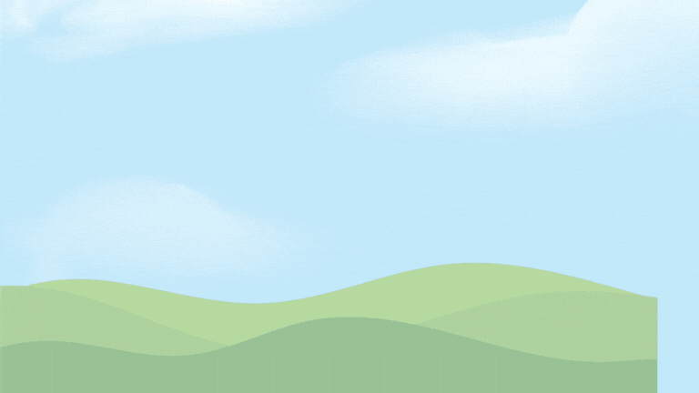 Soft blue sky with faint clouds above layered green rolling hills in a simple minimalist style
