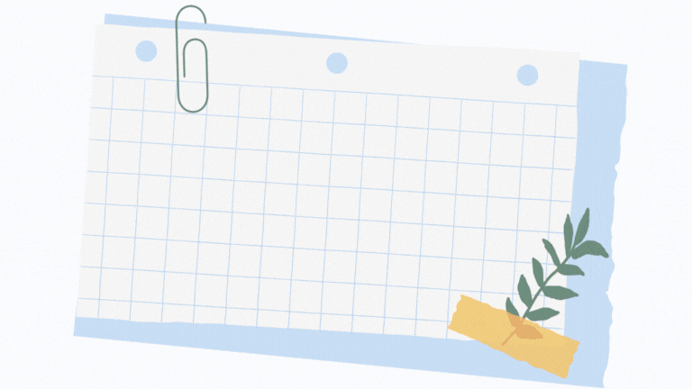 Blank grid paper sheet with a paperclip at top left and taped green leaves at bottom right.
