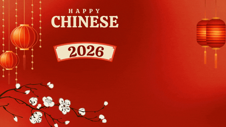 Red greeting with lanterns and blossoms, text reads HAPPY CHINESE 2026