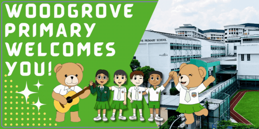 Green banner says WOODGROVE PRIMARY WELCOMES YOU! with cartoon bear and students over a school photo