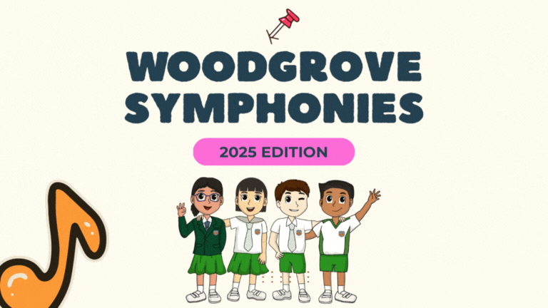 Woodgrove Symphonies 2025 Edition text above four students in green uniforms, with music note and pin icon.