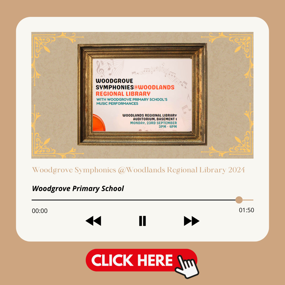 Music player screen showing event poster for Woodgrove Symphonies at Woodlands Regional Library and a Click Here button.