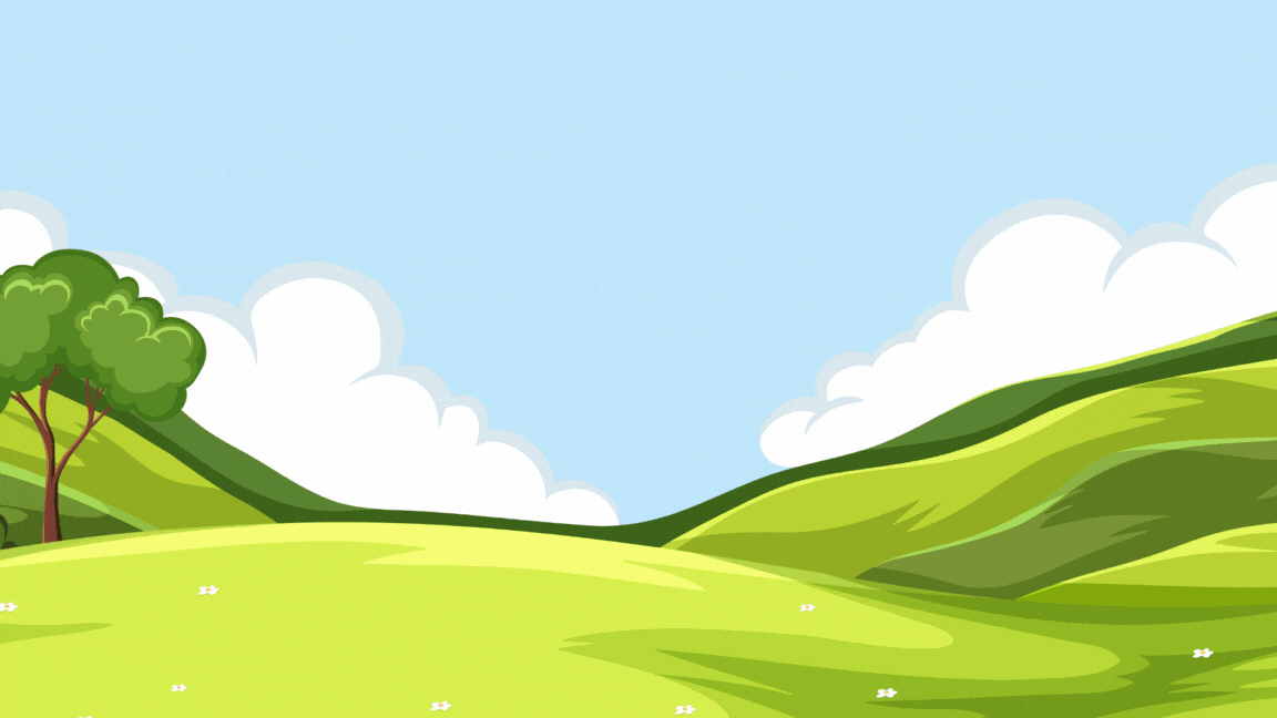 Cartoon landscape with rolling green hills, a tree on the left, and white clouds in a blue sky.