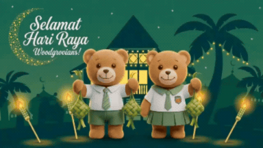 Two teddy bears in school uniforms with lanterns, with Selamat Hari Raya text, stars, house and palm trees.