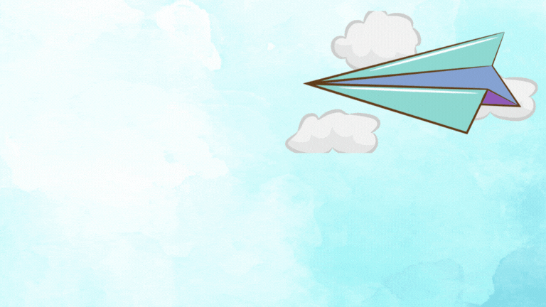 Blue paper airplane flying right across a light blue sky with a few white clouds