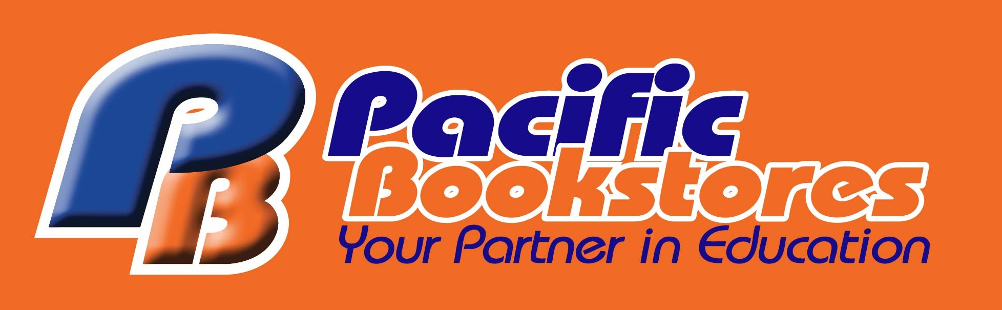 Pacific Bookstores brand mark on orange background with blue PB letters and tagline Your Partner in Education.