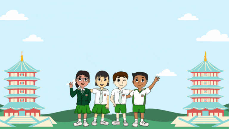 Four schoolchildren in green uniforms pose on grass, with pagodas on both sides under a blue sky.