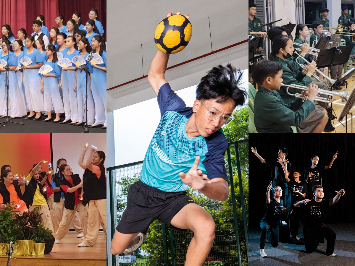 Collage of students in choir, a boy jumping with a soccer ball, a brass band, dancers, and a pose group.