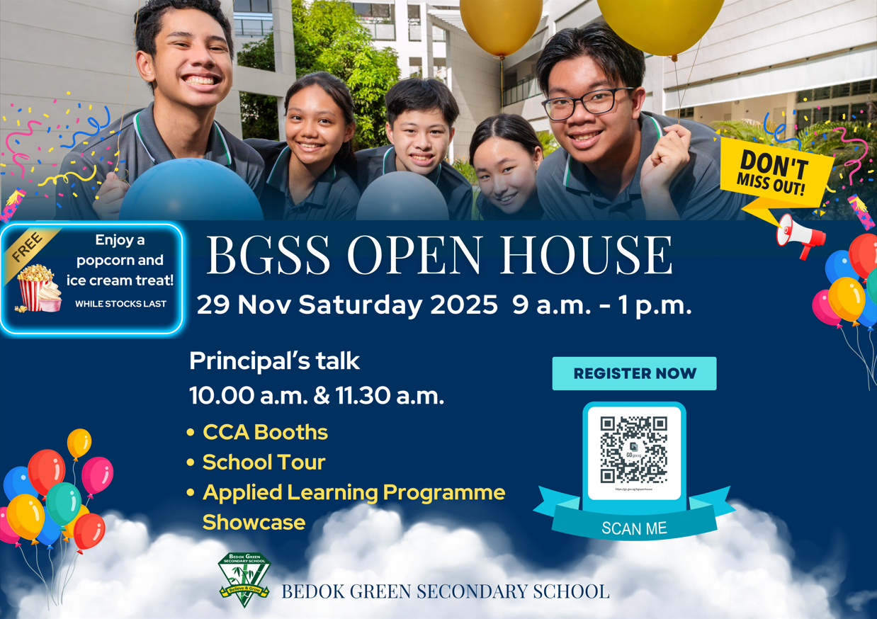Bedok Green Secondary School Open House flyer for 29 Nov 2025, featuring five smiling students with balloons.