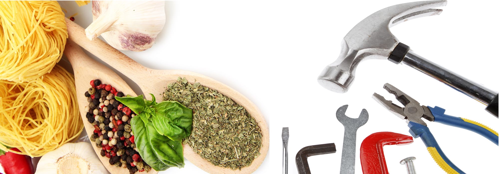 Split scene with pasta, garlic, herbs, and spices on the left, and a hammer, wrench, pliers, and tools on the right.
