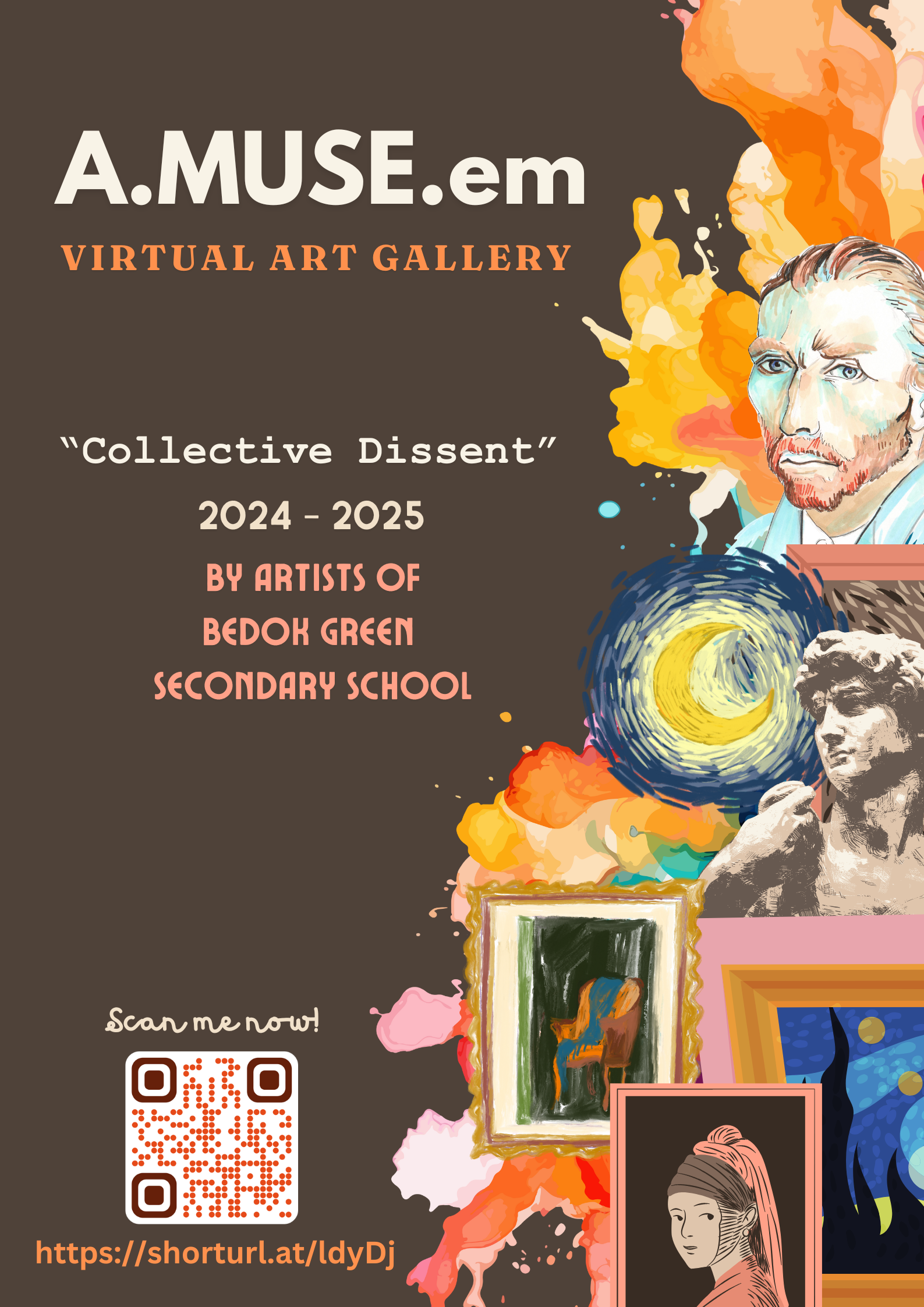 Poster for A.MUSE.em Virtual Art Gallery "Collective Dissent" 2024-2025 by Bedok Green Secondary School with a QR code.
