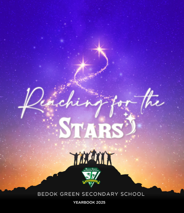 Bedok Green Secondary School Yearbook 2025 cover with silhouettes on a hill under a starry purple sky.