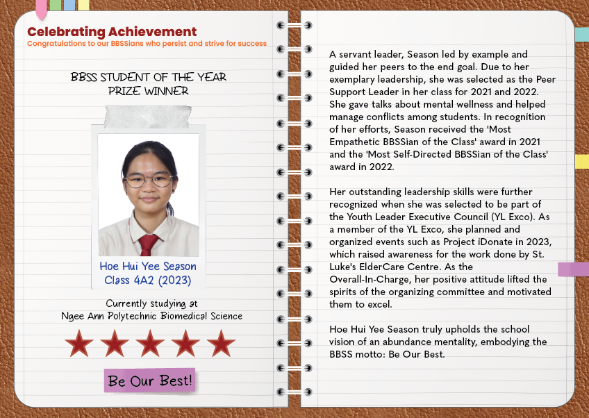 Award certificate for BBSS Student of the Year, Hoe Hui Yee Season, Class 4A2 2023, with photo and five stars.