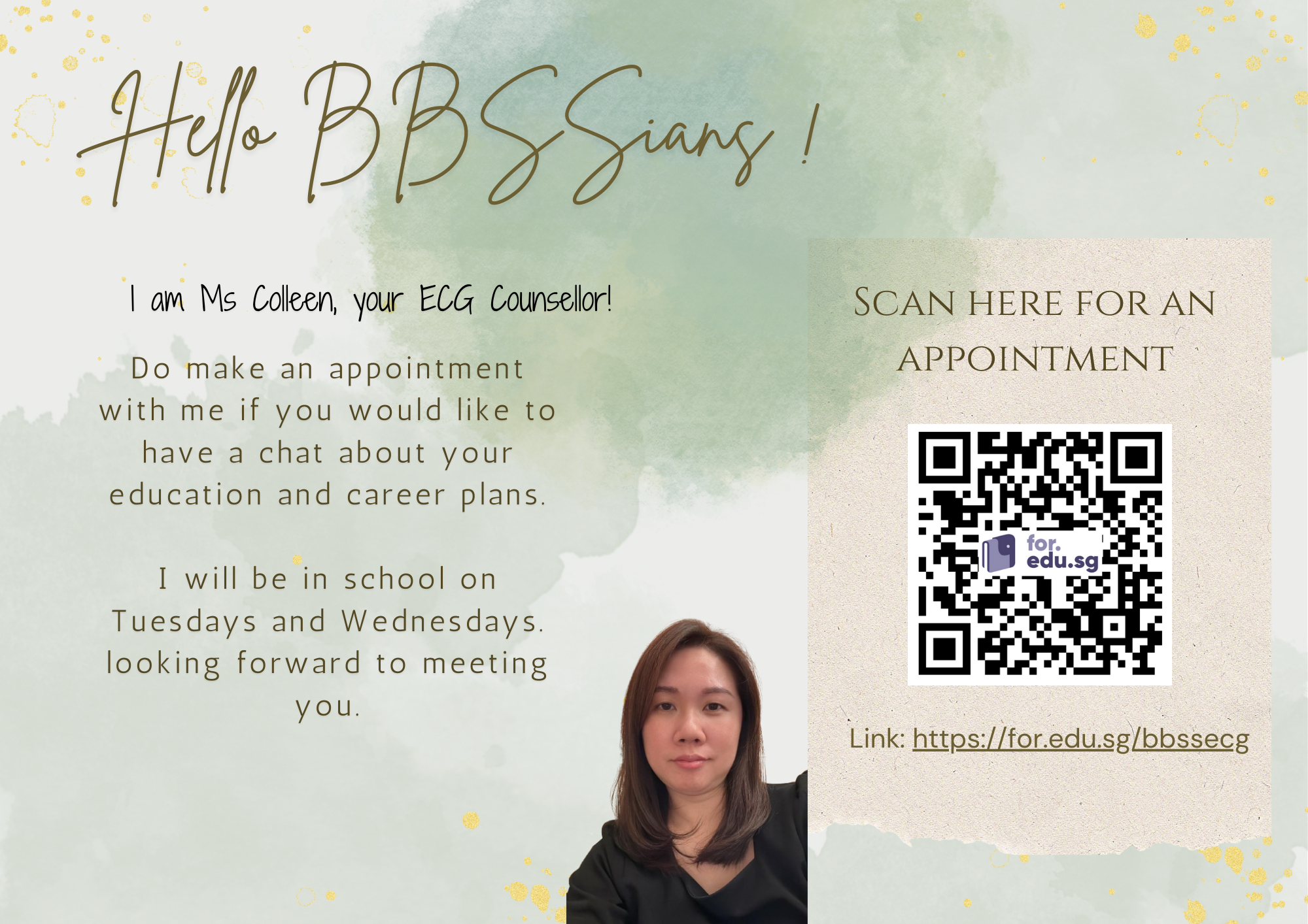 Flyer introducing Ms Colleen, ECG Counsellor at BBSS, with a QR code for booking appointments via for.edu.sg.