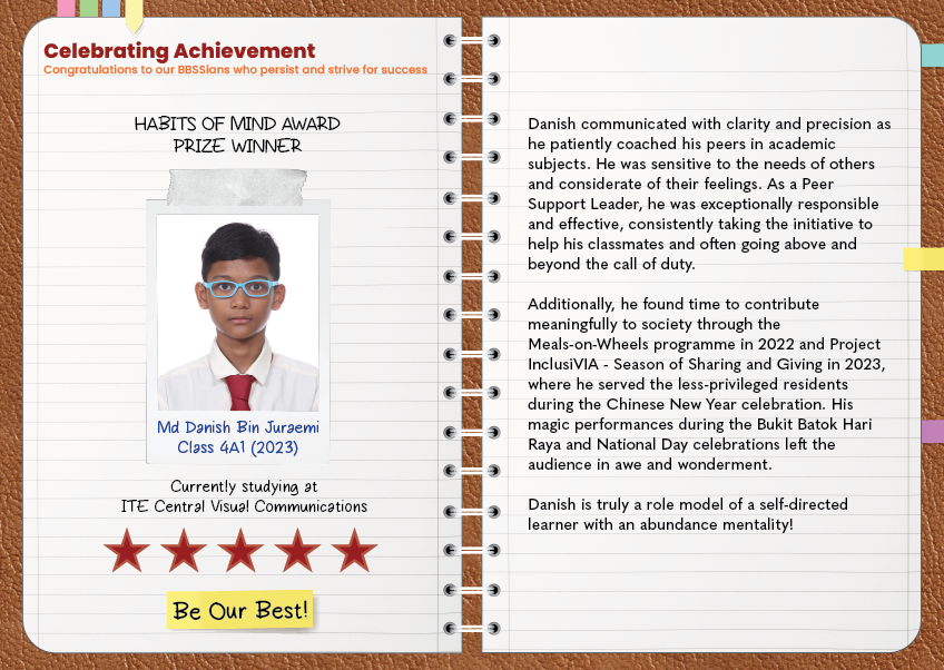 Student achievement card for Md Danish Bin Juraemi, Habits of Mind Award Prize Winner, with photo and five stars.