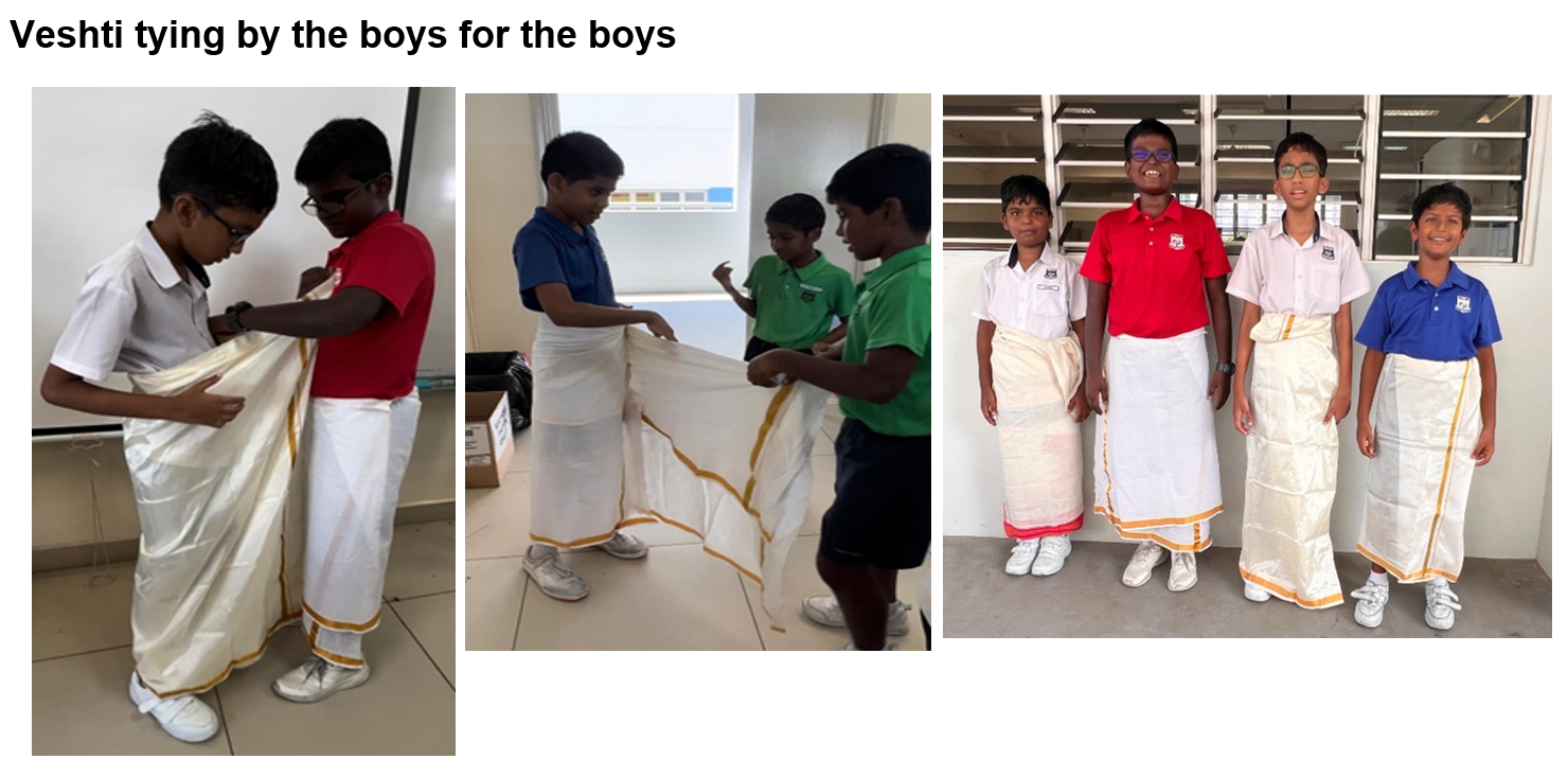 Three photos showing boys helping each other tie and wear traditional white veshti garments with gold borders.