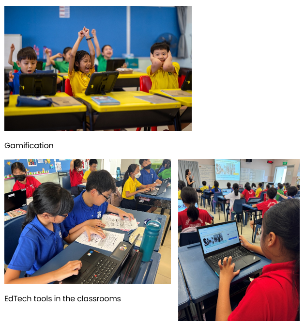 Three classroom scenes showing students using laptops and tablets, with some cheering excitedly during gamified learning activities.